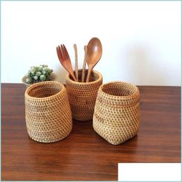 Storage Boxes Bins Handmade Rattan Storage Box Baskets Organiser Manual Chopsticks Spoons Dinner Knives Forks Tableware Holder Dro Dhwzd