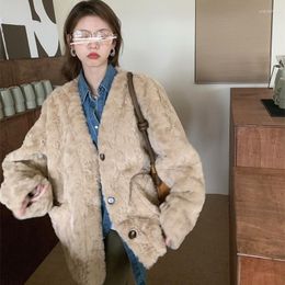 Women's Fur Vintage V Neck Faux Coat Jacket Women Winter 2022 Loose Single Breasted Warm Plush Coats Overcoat Female Outerwear