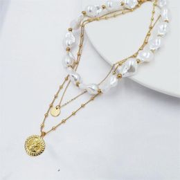 Choker Punk Multi Layered Pearl Necklace Collar Statement Virgin Mary Coin Pendent Women Jewelry For Gift