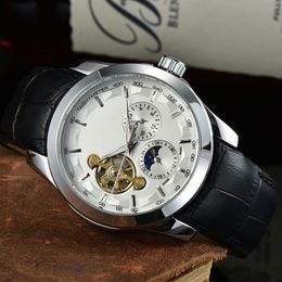 Top luxury brand men's automatic mechanical watch business leisure multi-function timing sun moon stars tourbillon leather watches