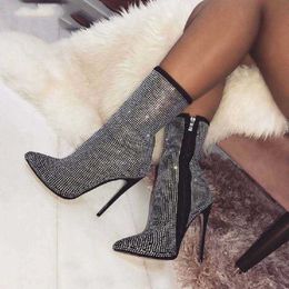 Botlar Kadın Glitter Crystal Boots Party Seksi Yumruk Ayakkabı Süper Yüksek Topuklu Kadın Moda Zip Orta Kuit Botlar Bayanlar Pompalar Büyük Boyut Ayakkabı J220923