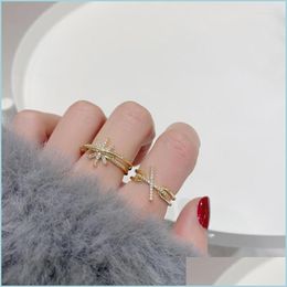 Cluster Rings Cluster Rings Korea Selling Fashion Jewellery Exquisite Copper Inlaid Zircon Star Ring Elegant Womens Cross Opening Ring Dh7Py