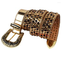 Belts Golden Rhinestones Belt Western Cowboy PU Leather For Women Man Bling Crystal Luxury Designer Diamond Studded