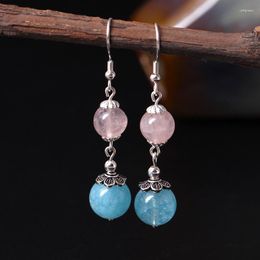 Dangle Earrings Natural Aquamarine Amethyst Bead Earring S925 Pure Silver Pink Crystal Drop DIY Treasure Ethnic Fine Jewellery