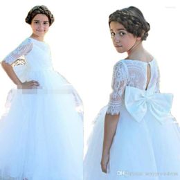 Girl Dresses White Ball Gown Flower For Wedding With Bow On Back Tulle Floor Length Girls Pageant Gowns Lace Short Sleeves Kids
