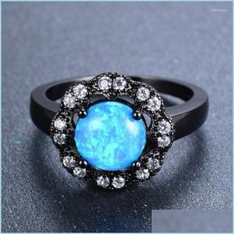 Wedding Rings Wedding Rings Boho Female Blue Fire Opal Ring Vintage 14Kt Black Gold Cross For Women Promise Round Flower Love Engage Dhg3O