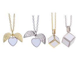 Romantic Sublimation Necklace Heat Transfer Pendant Round Angel Wings Metal Heart and Dice Pendants Car Decoration Couple RRC225