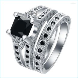 Wedding Rings Wedding Rings Hainon Sier Colour Black Square Stone Ring Set Luxury 2 Rounds Fashion Cocktail Party Brand Jewellery For W Dhk1K