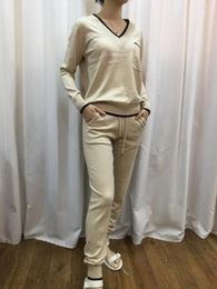 Women's Two Piece Pants Women's 2022 Time-limited Full Wool Cashmere Suit Fashion Colour Matching V-neck Sweater And Feet Warm Set