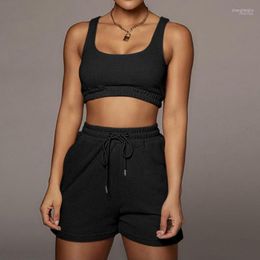 Yoga Outfit Solid Women Sportwear Two Piece Sets 2022 Summer Crop Top Drawstring Biker Shorts Matching Set Fitness Outfits Jogger