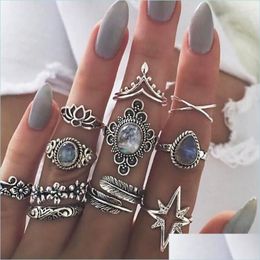 Cluster Rings Cluster Rings Vintage Sier Big Star For Women Boho Geometric Flower Crystal Knuckle Ring Set Bohemian Midi Finger Jewe Dhkpz