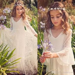 New Boho Lace Flower Girl Dresses Cheap Country Style Little Girls Long Sleeve Ivory Sweet First Communion Gowns For 2-15 Years MC0668