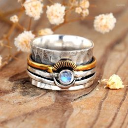 Cluster Rings Simple Two Tone Moon Zircon Turnable Wide For Women Ring Vintage Boho Style Ladies Summer Beach Party