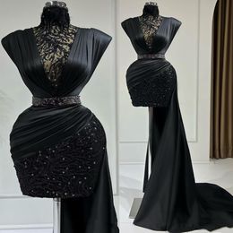 Arabic Aso 2022 Ebi Black Sheath Prom Dresses Beaded Feather Evening Formal Party Second Reception Birthday Engagement Gowns Dress ZJ755