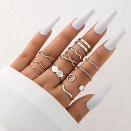 New Trendy Sivler Colour Wafer Opening Ring Sets Simple Style Wave Geoemtry INS Party Jewellery 10pcs/sets