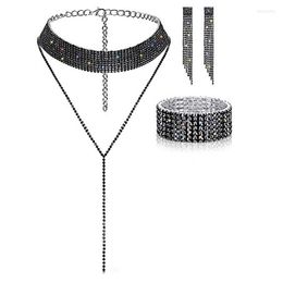 Choker Sparkling V Shaped Rhinestone Crystal Wedding Earring Necklace And Bracelet Set Dark Black