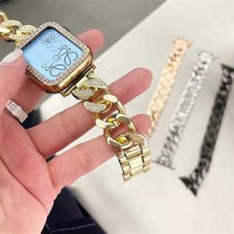 Pulseira de diamante de luxo em aço inoxidável Apple Watch Band 7 41 mm 6 5 4 38 mm 42 mm Pulseira de metal dourado para iwatch 40 mm 44 mm 41 45