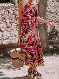 Casual Dresses Vintage V-Neck Print Pattern Beach Long Dress Sexy Women Sleeveless Loose Tank 2022 Summer Pullover Boho