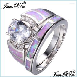 Wedding Rings Wedding Rings Fashion Pink Fire Opal Ring Sets For Couples White Gold Filled Party Oval Zircon Women Men Valentines Da Dhddb