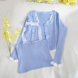 Women's Knits Cute Cardigan Women Summer Lace Trim Single Breasted Short 2 Piece Tops Sweet Knitted Sweaters