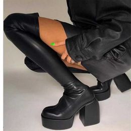 Boots New Fashion Women High Heels Chunky Platform Black Big Size 43 Winter Knee Zipper Party Shoes Y2210