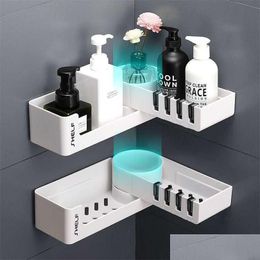 Storage Holders Racks Bathroom Corner Shower Shelf Rack With 4 Hook Wall Mounted For Shampoo Organize Rotatable Self Adhesive Kitc Dhwai