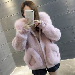 Women's Fur 2022 Winter High Quality Women Sheep Shearing Lamb Hair Furs Coat Loose Warm Faux Collar Hooded Outerwear