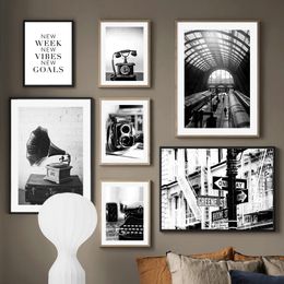 Canvas Painting Black White Retro Camera Gramophone Phone Photos Wall Art Nordic Posters And Prints Wall Pictures For Living Room Decor Frameless