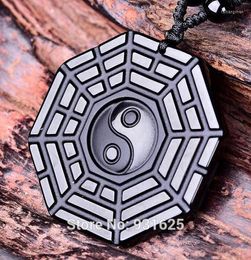 Pendant Necklaces Beautiful Handwork Natural Black Obsidian Carved Chinese BaGua Amulet Lucky Beads Necklace Fashion Jewellery