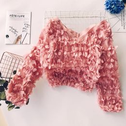 Women's Blouses 3D Floral Chiffon Shirt Slim Petals V-neck Hollow Bottoming Shirts Long Lantern Sleeved O-Neck Pullovers Short Dance Show