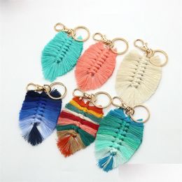 Keychains Lanyards Leaf Weaving Rainbow Keychains For Women Boho Handmade Key Holder Keyring Rame Bag Charm Car Hanging Jewellery 6 Dhi23