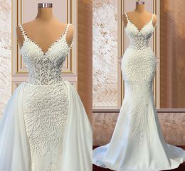 New 2 Pieces Pearls Lace Mermaid Wedding Dress With Detachable Chapel Train Bridal Gowns Vestido De Noiva Sereia Robe De Mariage