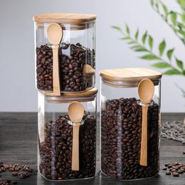 Storage Bottles 800-1200ml Square With Spoon Sealed Jar Tank Condiment Coffee Beans Kitchen Supplies Sugar Bottle Tea Box