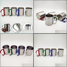 Mugs 200Ml Stainless Steel Cup For Cam Travelling Outdoor With Handle Carabiner Climbing Backpacking Hiking Portable Cups Drop Delive Dhv0X