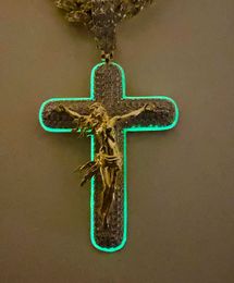 fjxpIced Out Hip Hop Glowy Jesus Cross Pendant Necklace Full Paved 5A Cubic Zirconia Tennis Chain Necklaces HipHop J