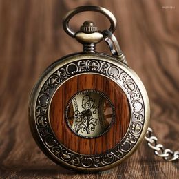 Pocket Watches Vintage Wood Mechanical Watch Roman Numerals Creative Carving Flower Dial Wooden Pendant Chain Gifts For Husband