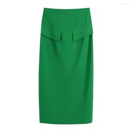 Skirts XIKOM 2022 Autumn Green Long For Women Pockets High Waisted Knee Length Streetwear Slim Vintage Skirt