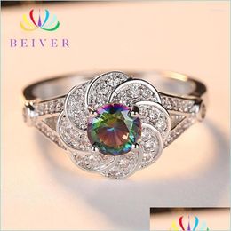 Wedding Rings Wedding Rings Beiver 2022 Arrival White Gold Colour Rainbow Round Zircon Promise Flower For Women Party Jewellery Ladies Dhtc8