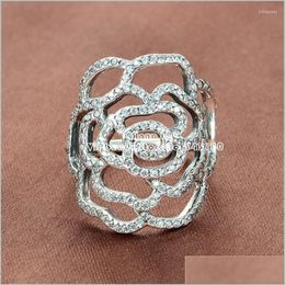 Wedding Rings Wedding Rings 100 925 Sterling Sier Large Rose With Clear Cz Pave Flower Engagement For Women Jewelry Finger Ring R034 Dhhk3