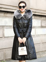 Women's Leather Fashion Genuine Sheepskin Jacket Fur Coallr Hooded Coat Female 90%White Duck Down Women's Jackets Ropa Mujer Zjt1359