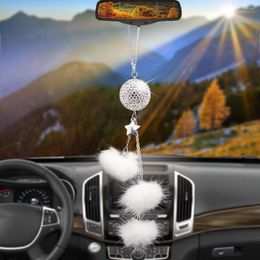 Interior Decorations Car Pendant Rearview Mirror Decoration Diamond Crystal With Plush Ball Hanging Ornaments Auto Cars Accessories Gifts