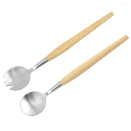 Flatware Sets Stainless Steel Spoon Fork Set Portable Washable Rubber Wood Handle Indoor Kitchen Dinnerware For Rice