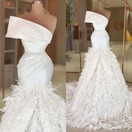 Luxury Feather Mermaid Prom Dresses Strapless Beaded Formal Evening Wear Red Carpet Dress Party Gowns