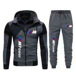 2021men's Sets Two Piece Hoodies Tracksuit Zipper Jacket Pants Sweatshirt Men Sports Suits Bmw m Power Print Sportswear