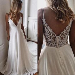 2023 Cheap V Neck Chiffon Beach A Line Wedding Dresses Spaghetti Strap Boho Beaded Applique Backless Bridal Gowns Wedding Dress Vestidos De Novia