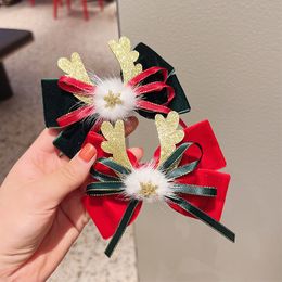 16030 Baby Girls Christmas Hairclip Golden Antler Velvet Bowknot Barrettes Kids Duck Beak Clip Children Bow Barrette