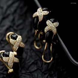 Backs Earrings UNICE Retro Dark Night Real 18K Yellow Gold Solid AU750 Medieval Black Onyx Diamond Ear Clips Women Fine Jewelry