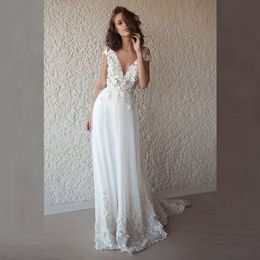 Charming Boho Full Length Lace Applique Bride Wedding Dresses Cap Sleeves Plunge V Neck Wedding Gowns for Bride Back Out