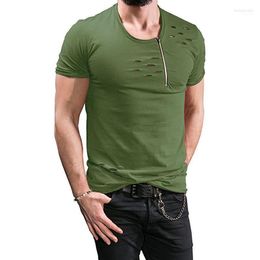 Men's T Shirts Men's T-Shirts Acacia Person 2022 Summer Shirt Men Plus Size 3XL Ripped Hole Zipper Breathable Casual Tees