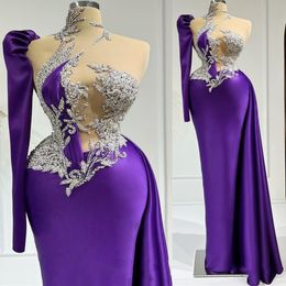 Arabic Aso Ebi Sheath Purple Prom Dresses Beaded Crystals Evening Formal Party Second Reception Birthday Engagement Gowns Dress ZJ